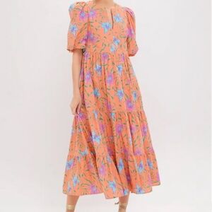 Vibrant Floral Midi Dress in Orange and Blue